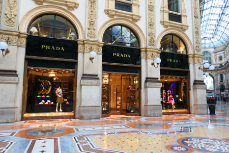MILAN, ITALY - OCTOBER 21, 2018 : Prada store in Galleria Vittorio Emanuele II in Milan. Prada is an Italian luxury fashion house specializing in fashion accesories.のeditorial素材