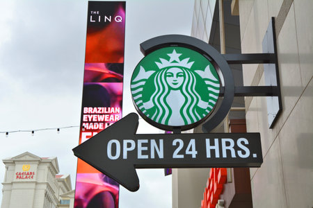 LAS VEGAS, USA - MARCH 21, 2018 : Starbucks Coffee shop logo on the Linq street in Las Vegas....