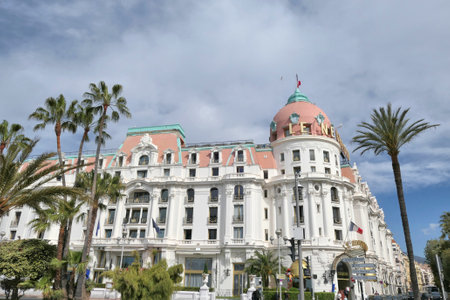 NICE, FRANCE - 28 APRIL, 2019: Famous luxury Negresco hotel by Promenade des Anglais at Mediterranean sea in Nice in Provence.のeditorial素材