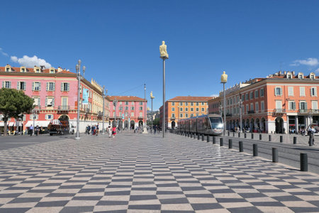NICE, FRANCE - 29 APRIL, 2019: The Place Massena, a famous square in Nice, French Riviera.のeditorial素材