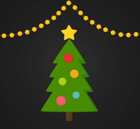 Decorated Christmas tree and lights card. Vector illustration.のイラスト素材