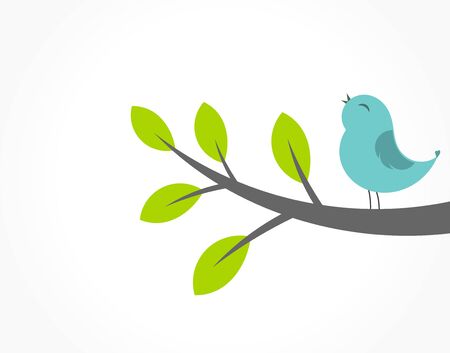 Cute blue bird singing on the tree branch. Spring vector illustration.のイラスト素材
