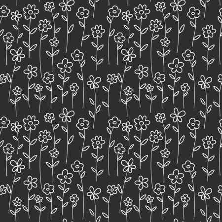 White outline flowers seamless pattern on black background. Vector illustration.のイラスト素材
