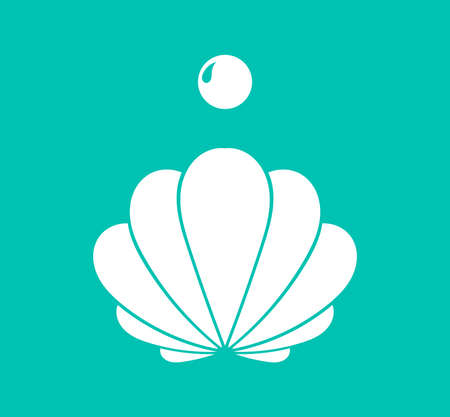 White sheashell and pearl symbol icon on sea blue background. Vector illustration.