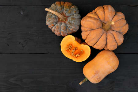 Autumn pumpkins Cucurbita moschata on black wooden background.