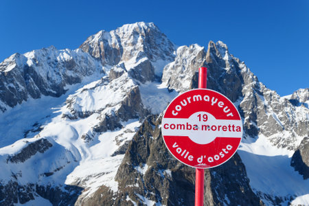 Courmayeur, Italy - February 20, 2020: Mont Blanc mountain view from Comba Moretta piste in Courmayeur ski resort. Italian Alps, Aosta Valley.のeditorial素材
