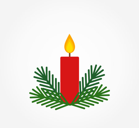 Christmas red candle and fir branches. Vector illustration.のイラスト素材