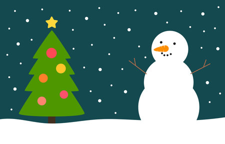 Happy snowman and decorated Christmas tree card. Vector illustration.のイラスト素材