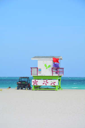 Colorful lifeguard tower by the ocean in South Beach, Miami Beach.の写真素材