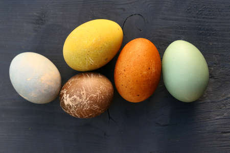 Easter eggs natural dyed on wooden background. Colorful Easter eggs collection.