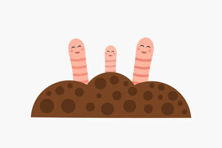 Cute earthworms happy family in garden soil. Vector illustration.のイラスト素材