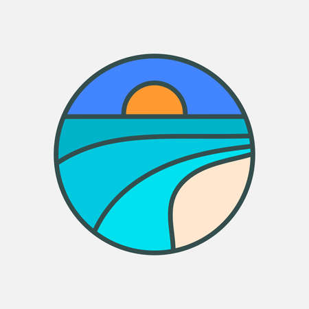Sea, sunset and beach travel emblem. Vector illustration.のイラスト素材