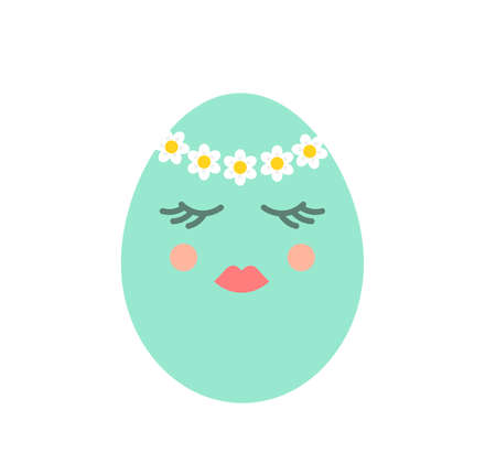 Cute Easter egg girl face with spring flower crown. Vector illustration.のイラスト素材