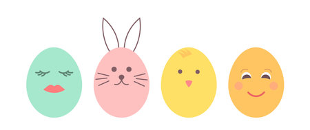 Easter eggs with painted faces. Cute Easter chick and bunny. Vector illustrationのイラスト素材