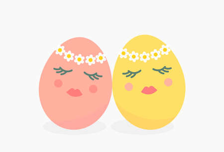 Cute Easter egg girlfriends with spring flower crown. Vector illustration.のイラスト素材