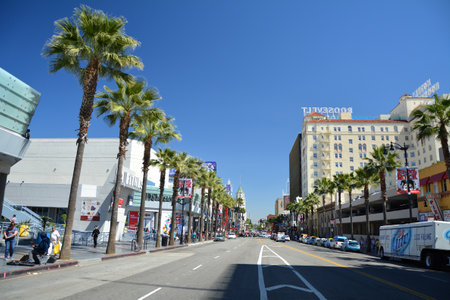 LOS ANGELES, CA, USA - MARCH 27, 2018 : 
Hollywood Boulevard street view in Los Angeles, California. Hollywood Walk of Fame.のeditorial素材