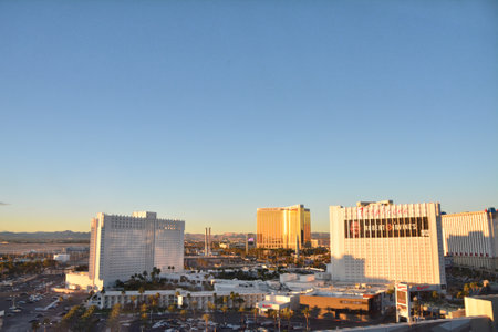 LAS VEGAS, USA - MARCH 18, 2018 : Las Vegas landmark, Tropicana and Mandalay Bay Hotel and  Casino on Las Vegas boulevard in sunset light. Mandalay Bay is operated by MGM Resorts International.のeditorial素材
