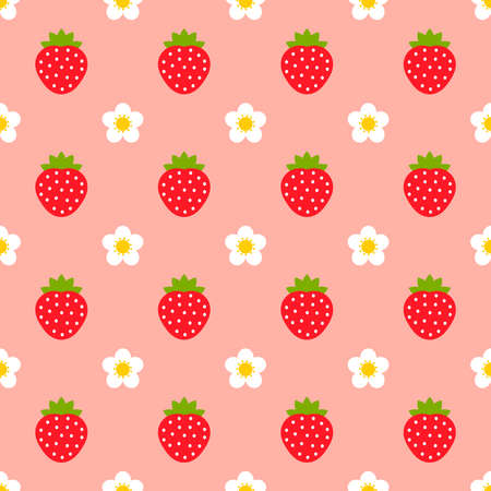 Strawberries and flowers pink seamless pattern. Vector illustration.
