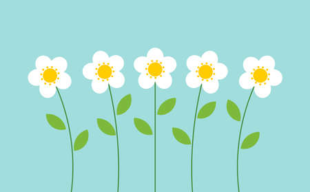 Cute white flowers on blue background. Flat design vector illustration.のイラスト素材