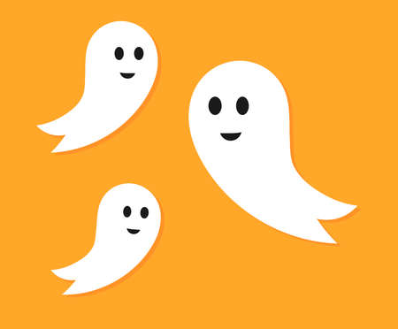 Cute Halloween ghosts orange background. Vector illustration.
