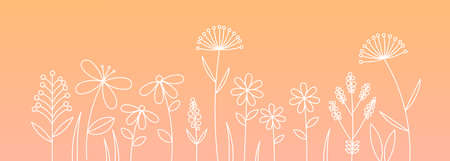 Flowers meadow, outline shapes on pink pastel background. Vector illustration.のイラスト素材