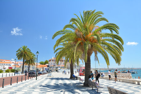 Cascais, Portugal - 4 July, 2021: Tourists under the palm trees at seaside promenade in Cascais in Portugal.のeditorial素材
