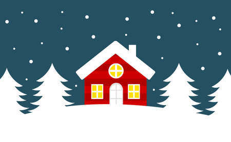Red house in winter forest scenery. Christmas time vector illustration.のイラスト素材