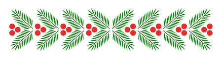 Christmas fir and red berries plant decor border. Vector illustrationのイラスト素材