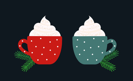 Christmas coffee or hot chocolate two cute cups. Vector illustration.のイラスト素材