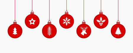 Beautiful Christmas hanging balls ornaments with Christmas symbols. Vector illustration.のイラスト素材