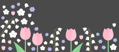Spring flowers, tulips, lilies of the valley and forget me nots dark border background. Vector illustration.のイラスト素材