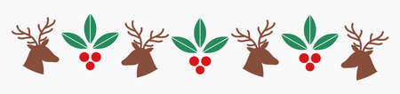 Reindeers and holly berries Christmas pattern border. Vector illustration.のイラスト素材