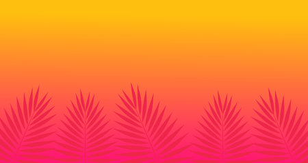 Summer background border with palm leaves. Pink and orange gradient banner. Vector illustration.のイラスト素材