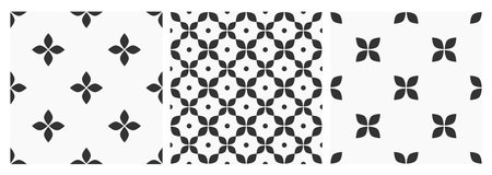 Black and white floral seamless tile classic vintage patterns set. Vector illustration.のイラスト素材