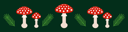 Red toadstool mushroom and fir branches forest green border. vector illustration,のイラスト素材