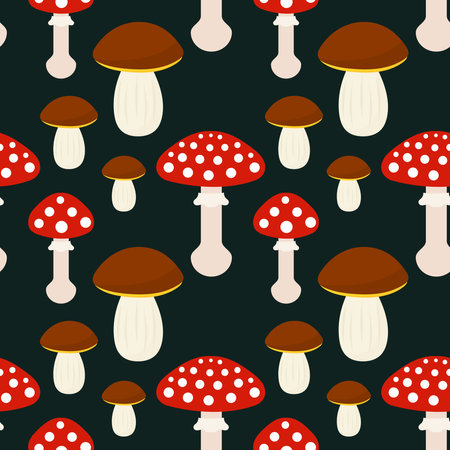 Forest mushroom dark seamless pattern. Red toadstools and boletes. Vector illustration.のイラスト素材