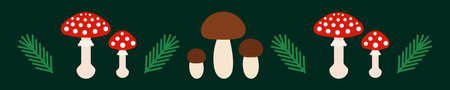 Red toadstool mushroom and edible boletes forest green border. vector illustration,のイラスト素材