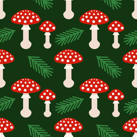 Red toadstools forest mushroom dark seamless pattern. Vector illustration.のイラスト素材