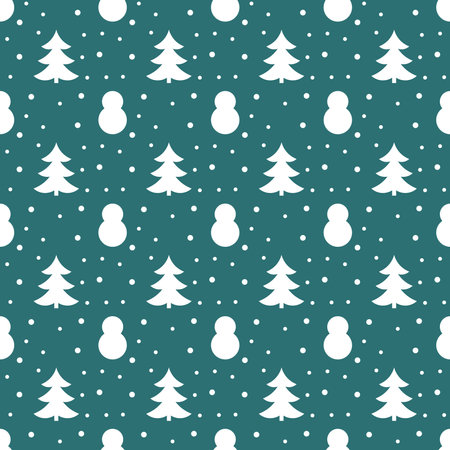 Christmas trees and snowman seamless white pattern. Vector illustration.のイラスト素材