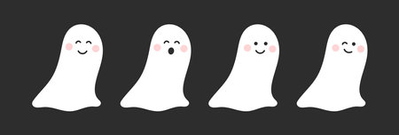 Cute ghosts set with different face expressions. Happy Halloween ghost icons. Vector illustration.のイラスト素材
