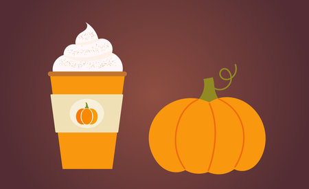 Pumpkin spice latte coffee in a cup and the pumpkin fruit. Autumn hot beverage. Vector illustration.のイラスト素材