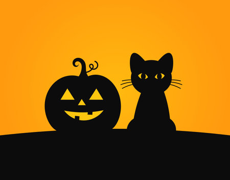 Black cat and pumpkin Halloween background. Vector illustrationのイラスト素材