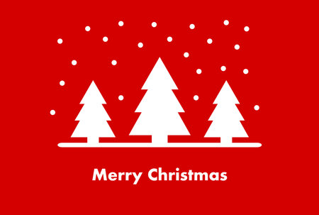 White Christmas trees on red background. Christmas winter greeting card. Merry Christmas. Vector illustration.のイラスト素材