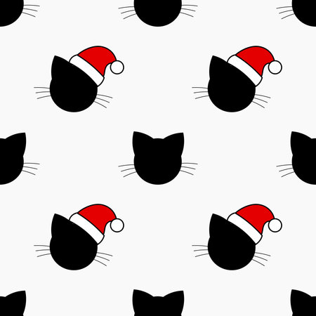 Cute cat in Santa hat Christmas funny pattern. Vector illustration.のイラスト素材