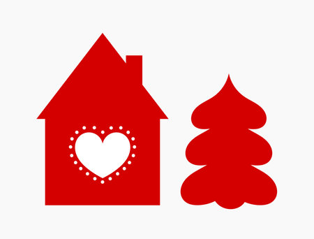 Cute fairy tale red house and Christmas tree flat design elements. Vector illustration.のイラスト素材