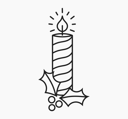 Christmas candle and holly berry line drawing icon. Vector illustration.のイラスト素材