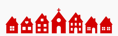 Little town of red houses and church. Flat design houses. Vector illustration.のイラスト素材