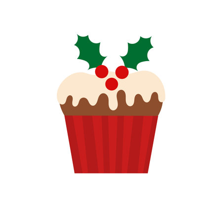 Christmas cake pudding with holly berries decoration icon. Traditional Christmas dessert cupcake. Vector illustration.のイラスト素材