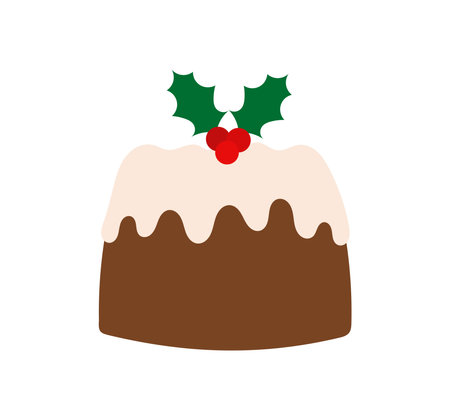 Christmas cake pudding with holly berries decoration icon. Traditional Christmas dessert. Vector illustration.のイラスト素材