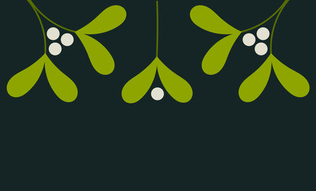 Mistletoe hanging leaves and fruits Christmas dark border background. Christmas plant vector illustration.のイラスト素材